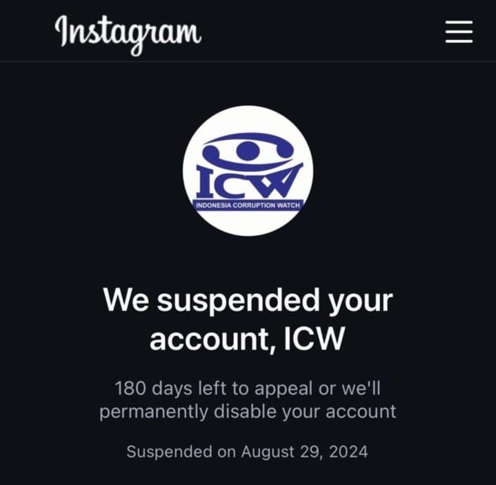 Akun Instagram Indonesia Corruption Watch Mendadak Ditangguhkan META